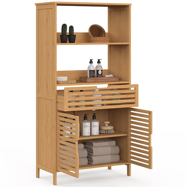 ID MARKET - Meuble armoire salle de bain bambou BEA 2 portes et 1 tiroir avec étagères - large