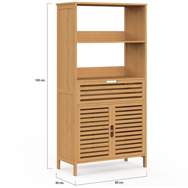 ID MARKET - Meuble armoire salle de bain bambou BEA 2 portes et 1 tiroir avec étagères - large