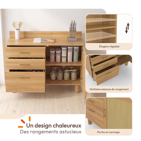 ID MARKET - Buffet bas de cuisine 120 cm DENISE en cannage - large