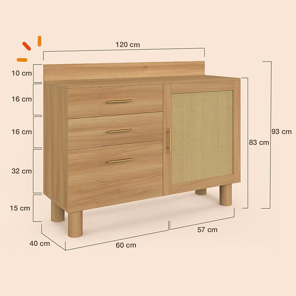 ID MARKET - Buffet bas de cuisine 120 cm DENISE en cannage - large