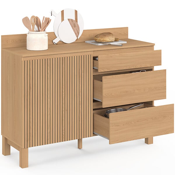 ID MARKET - Buffet bas casserolier de cuisine 120 cm JULIETTE plan de travail H.83 cm 1 porte + 3 tiroirs effet lattes tasseau bois - large