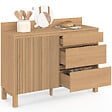ID MARKET - Buffet bas casserolier de cuisine 120 cm JULIETTE plan de travail H.83 cm 1 porte + 3 tiroirs effet lattes tasseau bois - vignette