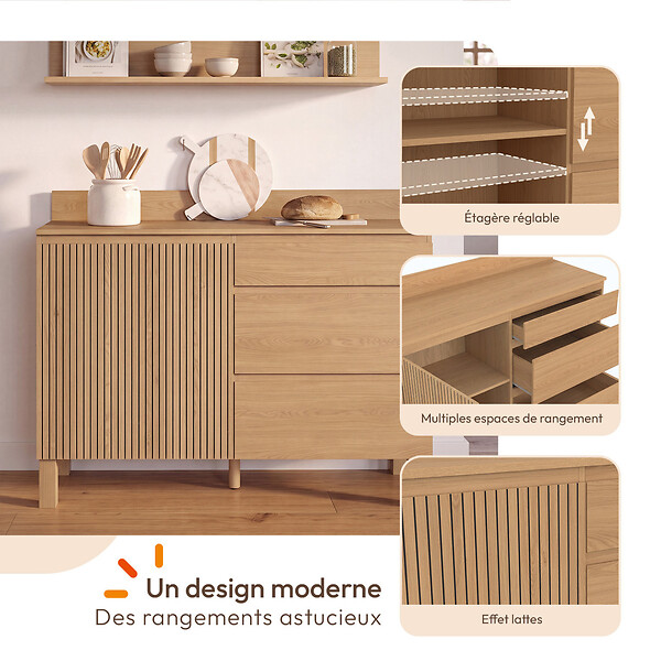 ID MARKET - Buffet bas casserolier de cuisine 120 cm JULIETTE plan de travail H.83 cm 1 porte + 3 tiroirs effet lattes tasseau bois - large