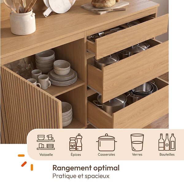 ID MARKET - Buffet bas casserolier de cuisine 120 cm JULIETTE plan de travail H.83 cm 1 porte + 3 tiroirs effet lattes tasseau bois - large
