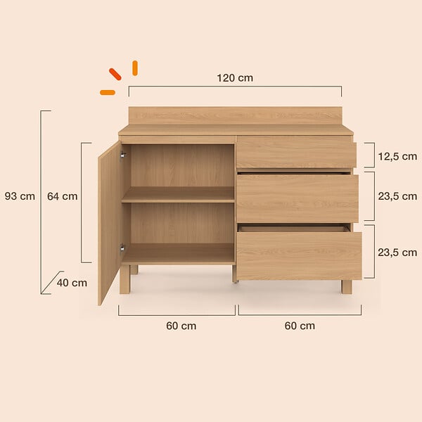 ID MARKET - Buffet bas casserolier de cuisine 120 cm JULIETTE plan de travail H.83 cm 1 porte + 3 tiroirs effet lattes tasseau bois - large