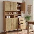 ID MARKET - Buffet casserolier de cuisine 120 cm DENISE 5 portes + 3 tiroirs effet naturel cannage - vignette