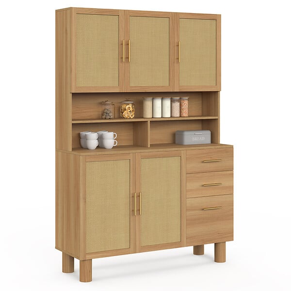 ID MARKET - Buffet casserolier de cuisine 120 cm DENISE 5 portes + 3 tiroirs effet naturel cannage - large