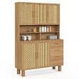 ID MARKET - Buffet casserolier de cuisine 120 cm DENISE 5 portes + 3 tiroirs effet naturel cannage - vignette
