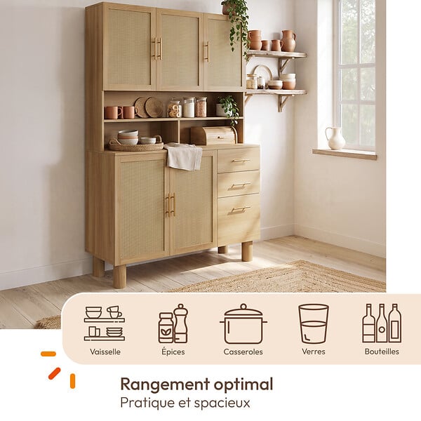 ID MARKET - Buffet casserolier de cuisine 120 cm DENISE 5 portes + 3 tiroirs effet naturel cannage - large