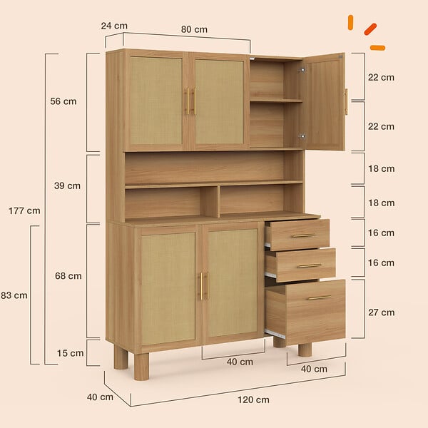 ID MARKET - Buffet casserolier de cuisine 120 cm DENISE 5 portes + 3 tiroirs effet naturel cannage - large