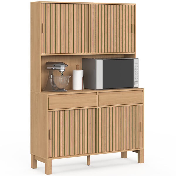 ID MARKET - Buffet de cuisine 120 cm JULIETTE 4 portes coulissantes + 2 tiroirs effet lattes tasseau bois - large