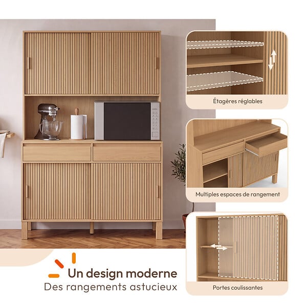 ID MARKET - Buffet de cuisine 120 cm JULIETTE 4 portes coulissantes + 2 tiroirs effet lattes tasseau bois - large