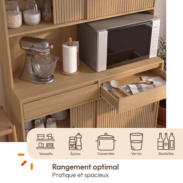 ID MARKET - Buffet de cuisine 120 cm JULIETTE 4 portes coulissantes + 2 tiroirs effet lattes tasseau bois - large