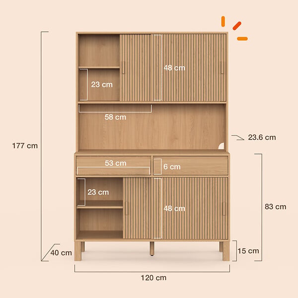 ID MARKET - Buffet de cuisine 120 cm JULIETTE 4 portes coulissantes + 2 tiroirs effet lattes tasseau bois - large