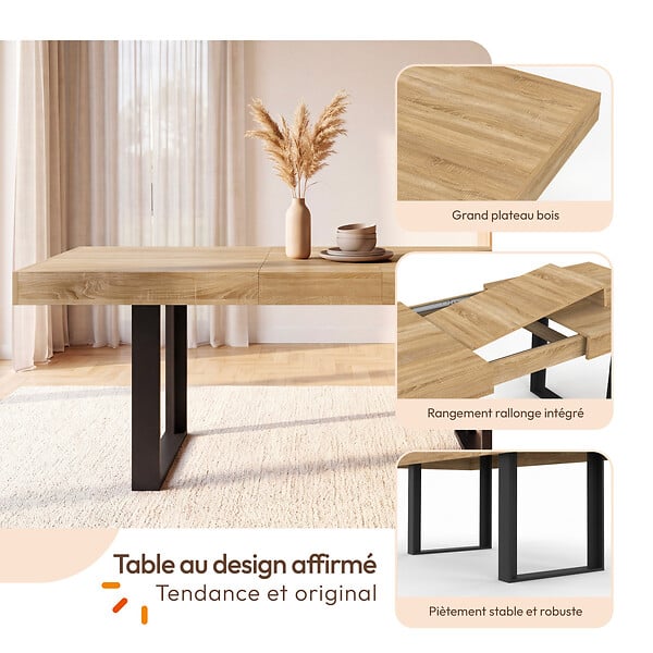 ID MARKET - Ensemble table à manger extensible rectangle PHOENIX 4-8 personnes bois et noir 160 - 200 cm et 6 chaises MILA en velours noir - large