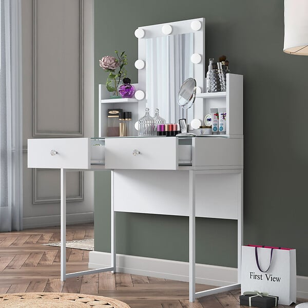 HABITAT ET JARDIN - Coiffeuse en bois " BJ145 " - 90 x 136,8 x 40 cm - Blanc - large