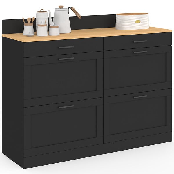 ID MARKET - Buffet bas double casserolier de cuisine 120 cm VITO plan de travail H. 83 cm 6 tiroirs bois et noir - large