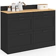ID MARKET - Buffet bas double casserolier de cuisine 120 cm VITO plan de travail H. 83 cm 6 tiroirs bois et noir - vignette