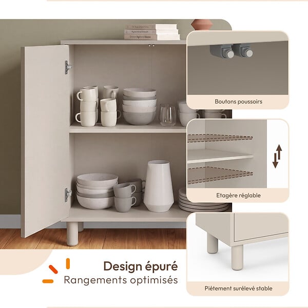 ID MARKET - Buffet d'appoint 2 portes bois 70 cm BERTILLE coloris beige - large