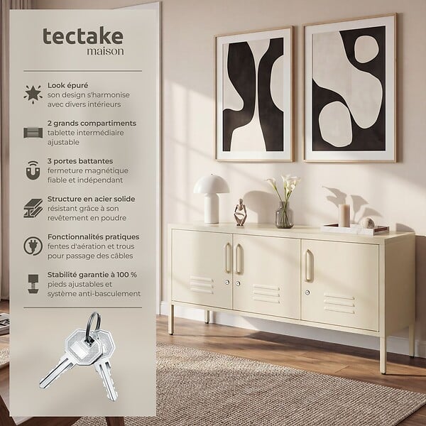 TECTAKE - Buffet métallique élégant design minimaliste crème 120x37 5x55 5 cm 2 compartiments 3 portes verrouillables clés - large