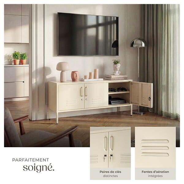 TECTAKE - Buffet métallique élégant design minimaliste crème 120x37 5x55 5 cm 2 compartiments 3 portes verrouillables clés - large