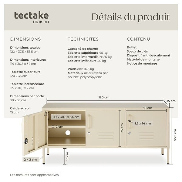 TECTAKE - Buffet métallique élégant design minimaliste crème 120x37 5x55 5 cm 2 compartiments 3 portes verrouillables clés - large