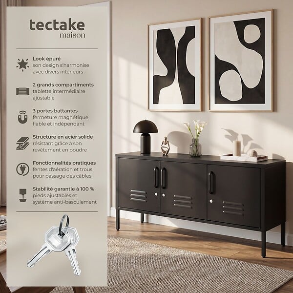 TECTAKE - Buffet métallique noir 120x38x56cm 2 compartiments réglables, 3 portes verrouillables et clés - large