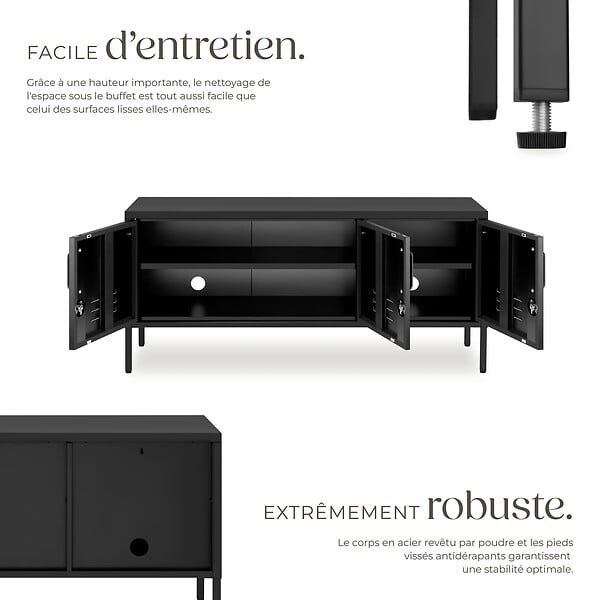TECTAKE - Buffet métallique noir 120x38x56cm 2 compartiments réglables, 3 portes verrouillables et clés - large