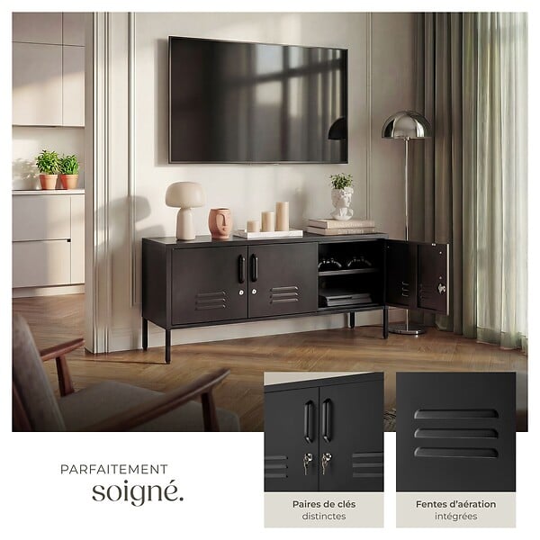 TECTAKE - Buffet métallique noir 120x38x56cm 2 compartiments réglables, 3 portes verrouillables et clés - large