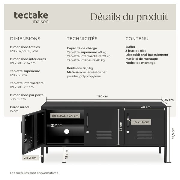 TECTAKE - Buffet métallique noir 120x38x56cm 2 compartiments réglables, 3 portes verrouillables et clés - large