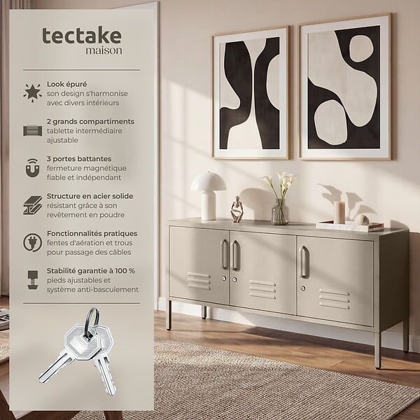 TECTAKE - Buffet métallique taupe en acier 120x37 5x55 5cm design minimaliste 2 compartiments 3 portes verrouillables - large