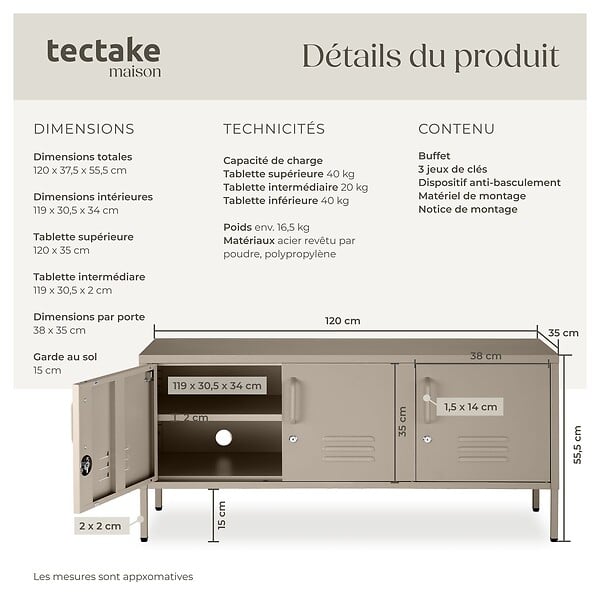 TECTAKE - Buffet métallique taupe en acier 120x37 5x55 5cm design minimaliste 2 compartiments 3 portes verrouillables - large