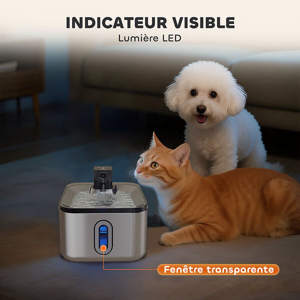 PAWHUT - Fontaine à eau pour chat 5L filtration 3 étapes charge USB câble + nombreux accessoires inclus acier inox - large