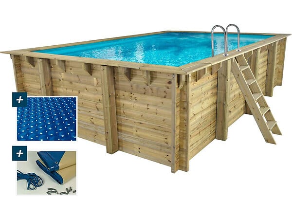 HABITAT ET JARDIN - Piscine bois rectangle " Panama 130 "- 6.20 x 4.10 x 1.30 m + Bâche à bulles 180 µ - Bâche hiver 280 g/m² + - large