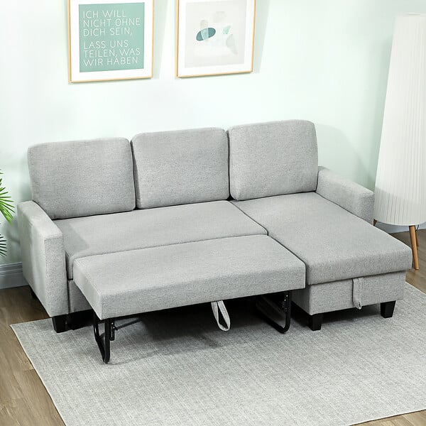 HOMCOM - Canapé d'angle convertible réversible 3 places coffre de rangement intégré tissu toucher lin gris clair - large