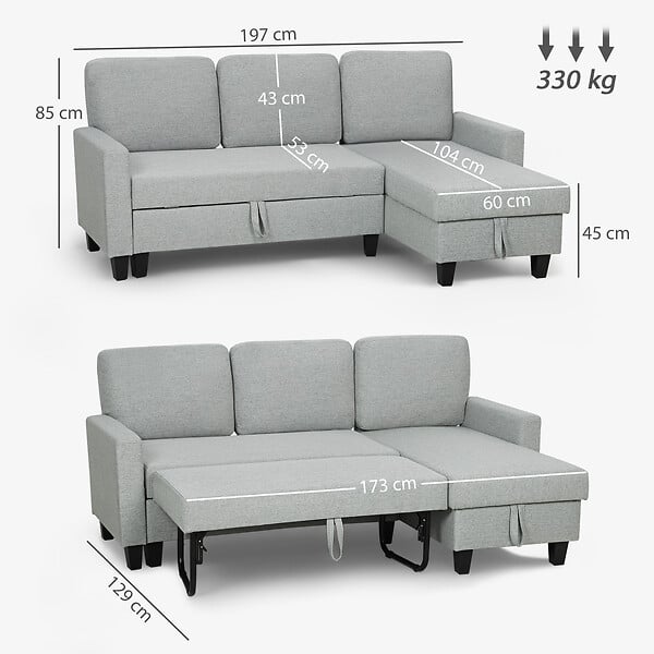 HOMCOM - Canapé d'angle convertible réversible 3 places coffre de rangement intégré tissu toucher lin gris clair - large