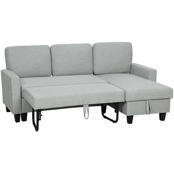 HOMCOM - Canapé d'angle convertible réversible 3 places coffre de rangement intégré tissu toucher lin gris clair - large