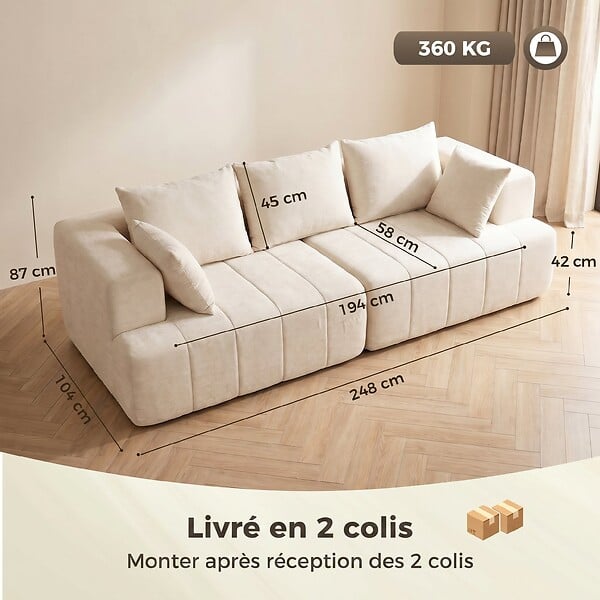 HOMCOM - Canapé 3 places en chenille 248 cm, canapé salon moderne, large assise rembourrée, coussins à ressorts, larges accoudoirs, 2 coussins, base antidérapante, pour salon, chambre, beige - large