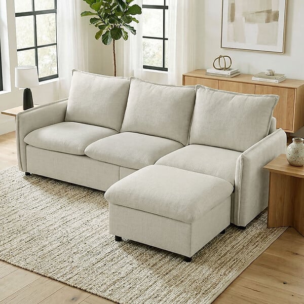 HOMCOM - Canapé droit 3 places avec pouf coffre de rangement tissu toucher lin blanc cassé - large