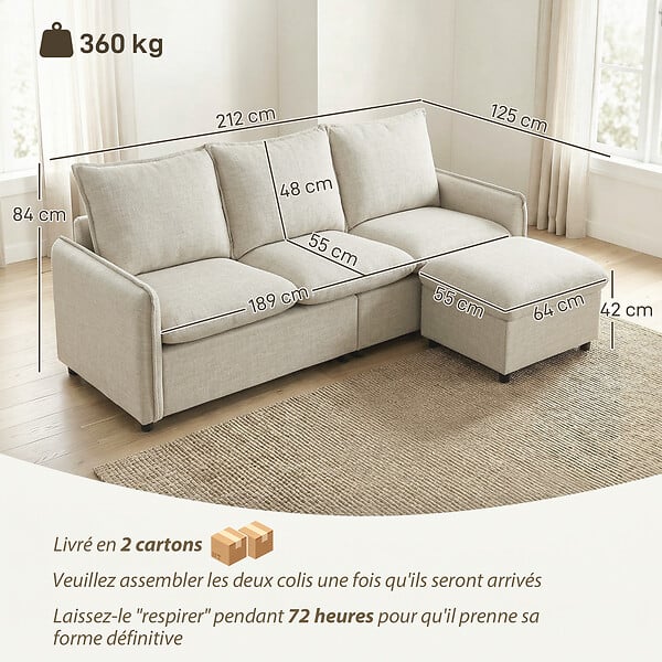 HOMCOM - Canapé droit 3 places avec pouf coffre de rangement tissu toucher lin blanc cassé - large