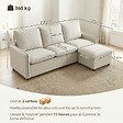 HOMCOM - Canapé droit 3 places avec pouf coffre de rangement tissu toucher lin blanc cassé - vignette