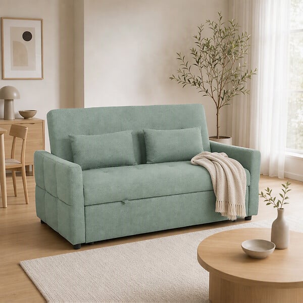 HOMCOM - Canapé convertible 2 places dossier inclinable 3 positions pans latéraux effet capitonné 2 coussins tissu vert sauge - large