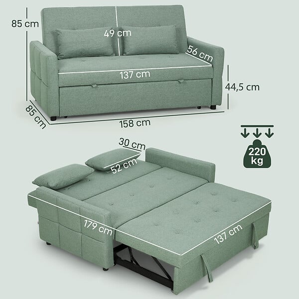 HOMCOM - Canapé convertible 2 places dossier inclinable 3 positions pans latéraux effet capitonné 2 coussins tissu vert sauge - large