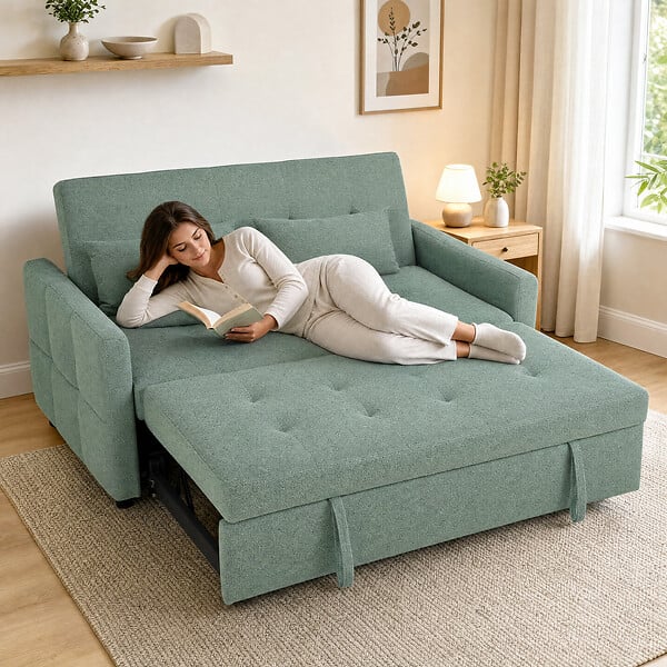 HOMCOM - Canapé convertible 2 places dossier inclinable 3 positions pans latéraux effet capitonné 2 coussins tissu vert sauge - large