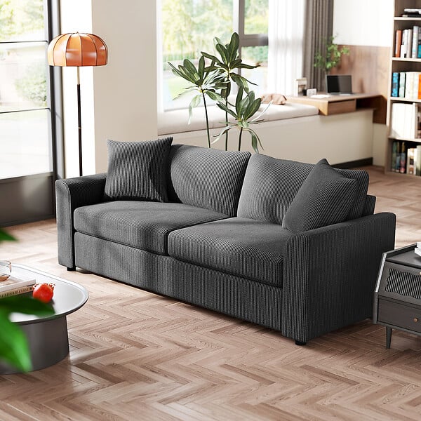 HOMCOM - Canapé 3 places velours côtelé avec 2 coussins - canapé droit fixe 3 places anthracite - large