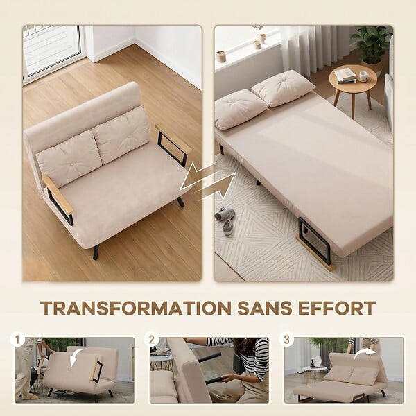HOMCOM - Canapé convertible 2 places canapé-lit dossier réglable 5 niv. 2 coussins revêtement effet velours beige - large