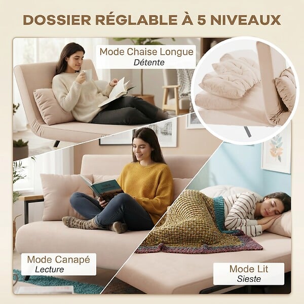 HOMCOM - Canapé convertible 2 places canapé-lit dossier réglable 5 niv. 2 coussins revêtement effet velours beige - large