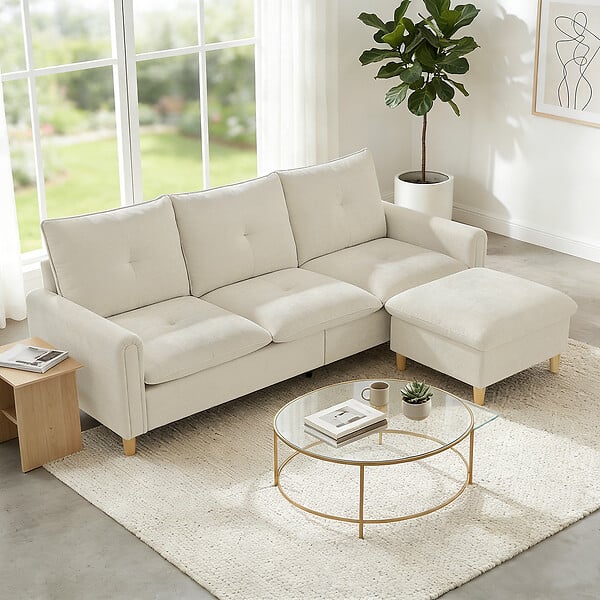 HOMCOM - Canapé 3 places avec pouf de rangement tissu toucher lin beige - large