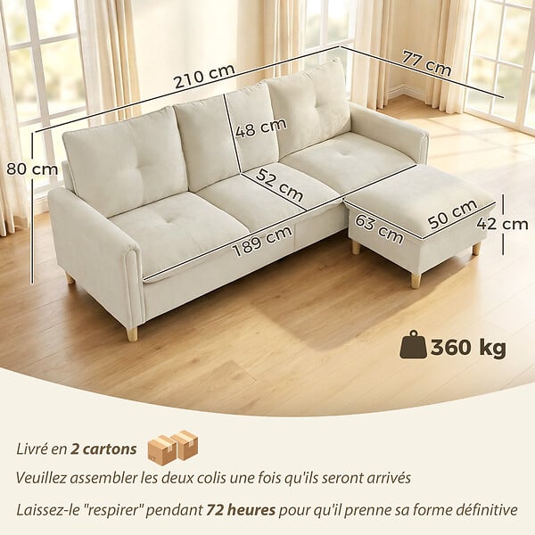 HOMCOM - Canapé 3 places avec pouf de rangement tissu toucher lin beige - large