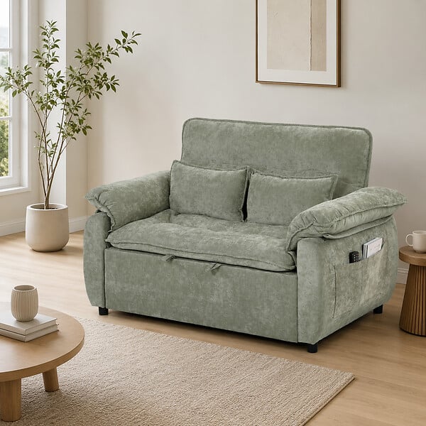HOMCOM - Canapé convertible 2 places dossier inclinable 5 niv. tissu velours kaki clair - large